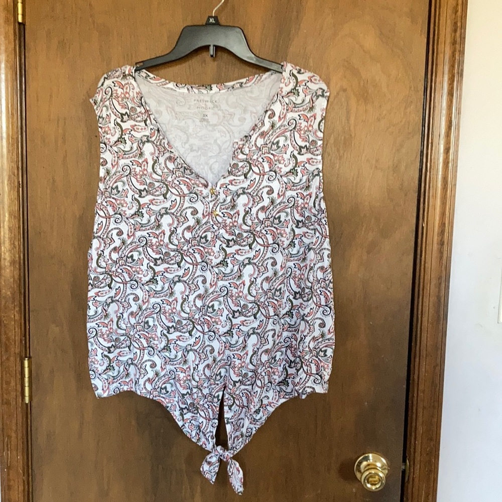 Preswick & Moore top paisley floral print top w stretch & tie detail 2X